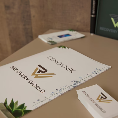 Mali sto sa brendiranim cenovnikom usluga i vizit kartama, spreman za klijente.